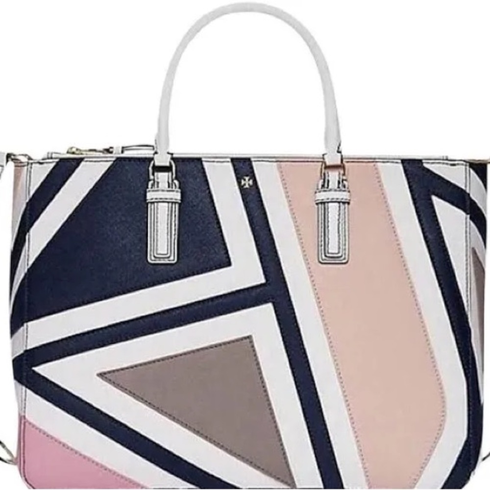 Tory Burch Robinson Fret Patchwork Saffiano Leather Bag w/dustbag LARGE EUC